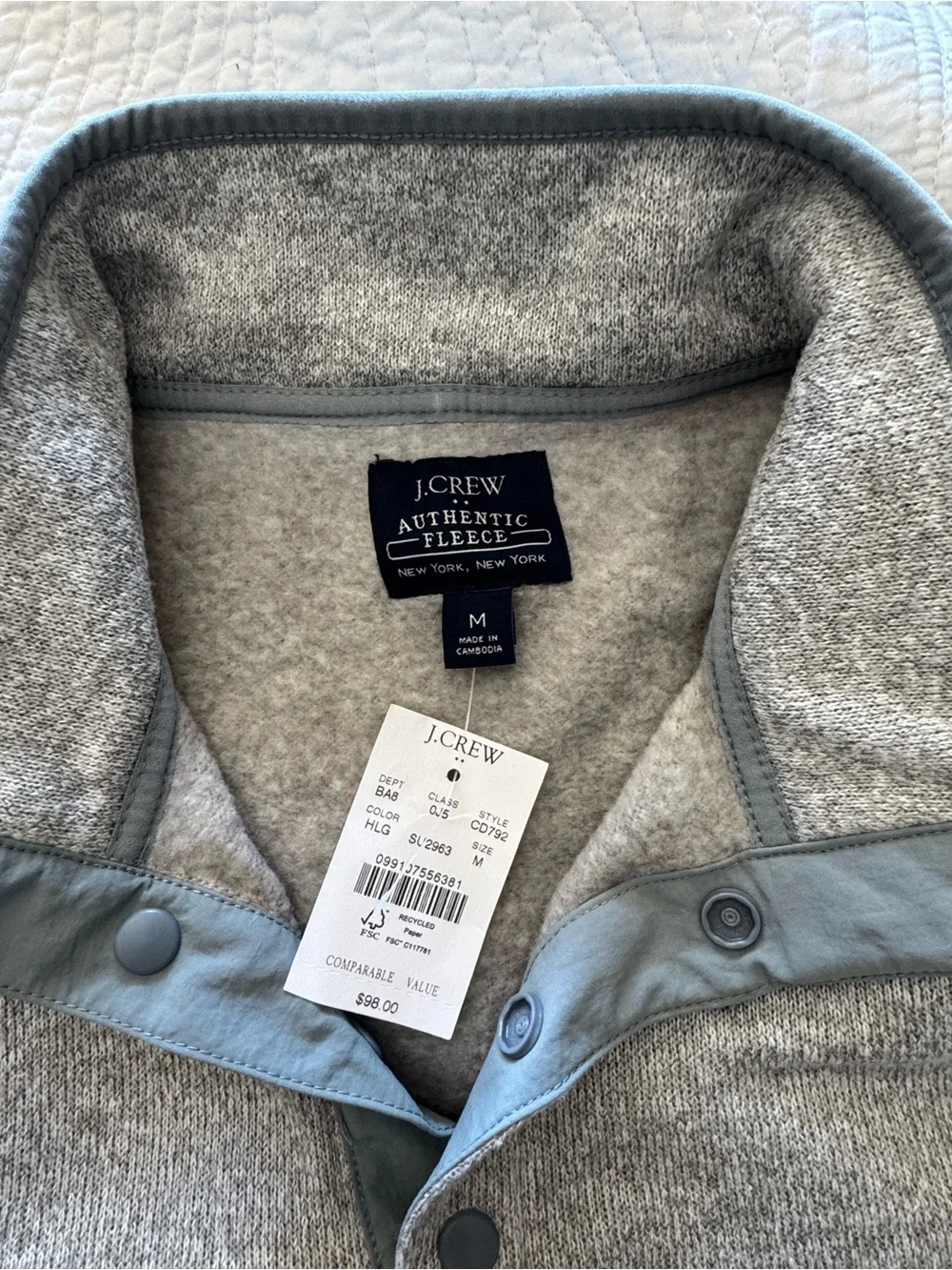 New! J. Crew Gray Marled Fleece Half-Snap Pullover Heather in Light Grey